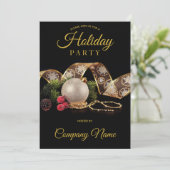 ブラック金ゴールドオーナメント企業のリボンホリデーパーティー 招待状 (スタンド正面)