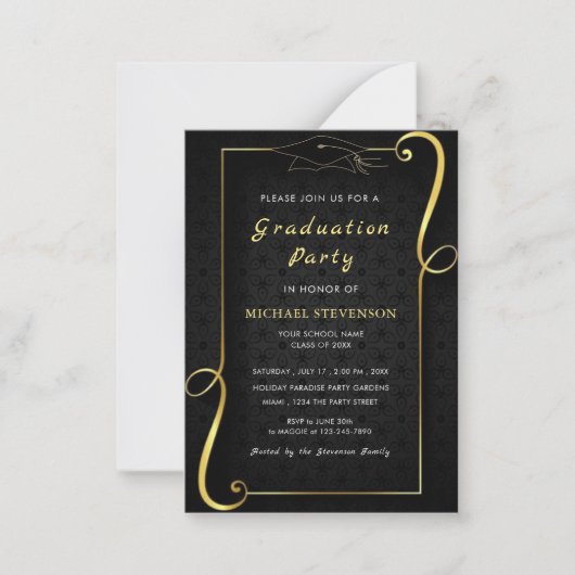 ブラック金ゴールドオーナメント額卒業招待状 ノートカード (正面)