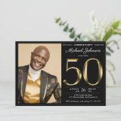 ブラック金ゴールドカスタムフォトサプライズ50誕生日 招待状 (スタンド正面)
