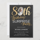 ブラック金ゴールドカスタムフォトサプライズ80誕生日 招待状 (正面)