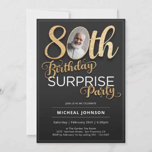 ブラック金ゴールドカスタムフォトサプライズ80誕生日 招待状 (正面)