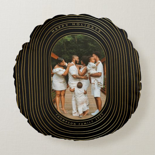 ブラック金ゴールドカスタムフォトファミリークリスマス ラウンドクッション (正面)