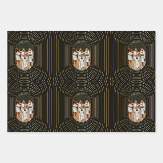 ブラック金ゴールドカスタムフォトファミリークリスマス ラッピングペーパーシート (正面2)