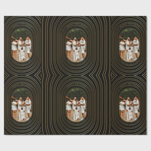 ブラック金ゴールドカスタムフォトファミリークリスマス ラッピングペーパー (フラット)