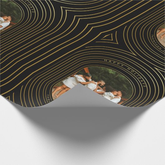 ブラック金ゴールドカスタムフォトファミリークリスマス ラッピングペーパー (角)