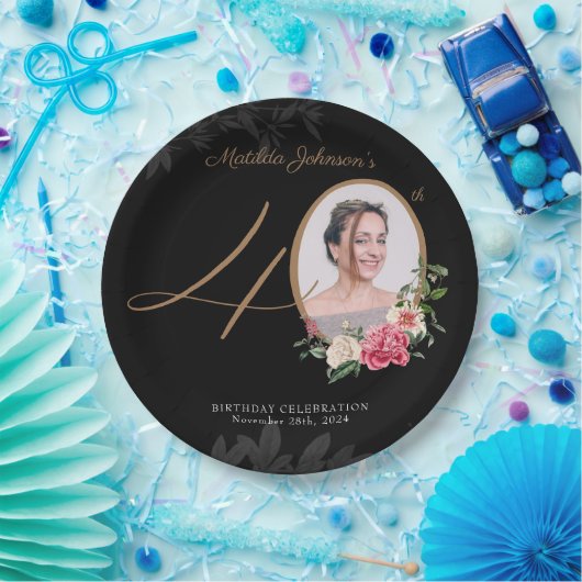 ブラック金ゴールドカスタムフローラ写真40歳の誕生日 ペーパープレート (パーティー)