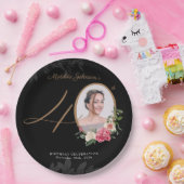 ブラック金ゴールドカスタムフローラ写真40歳の誕生日 ペーパープレート (パーティー)