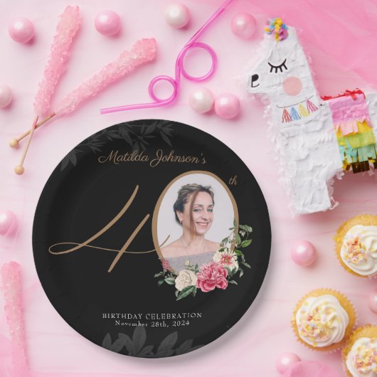 ブラック金ゴールドカスタムフローラ写真40歳の誕生日 ペーパープレート (パーティー)