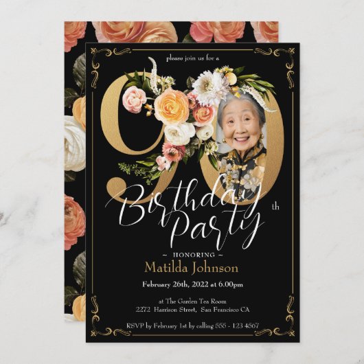 ブラック金ゴールドカスタムボホフローラ90誕生日 招待状 (正面/裏面)