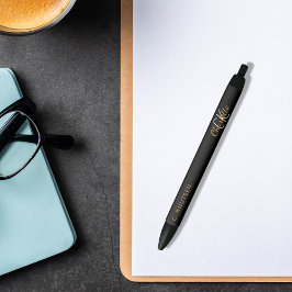 ブラック金ゴールドカスタムモノグラム名スクリプト 黒ボールペン