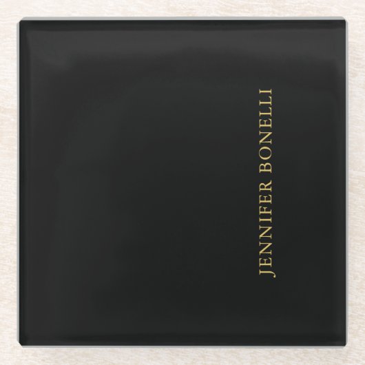 ブラック金ゴールドカラープロフェッショナルトレンディーモダンプレーン ガラスコースター (正面)