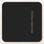 ブラック金ゴールドカラープロフェッショナルトレンディーモダンプレーン スクエアペーパーコースター (正面)