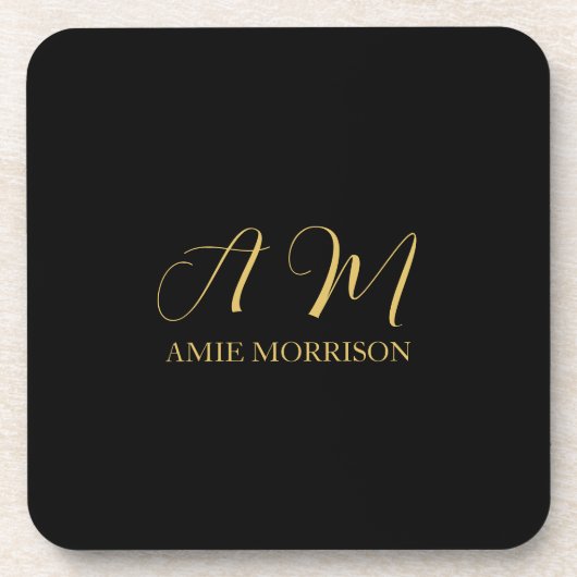 ブラック金ゴールドカラーモノグラムイニシャルレター名 コースター (正面)