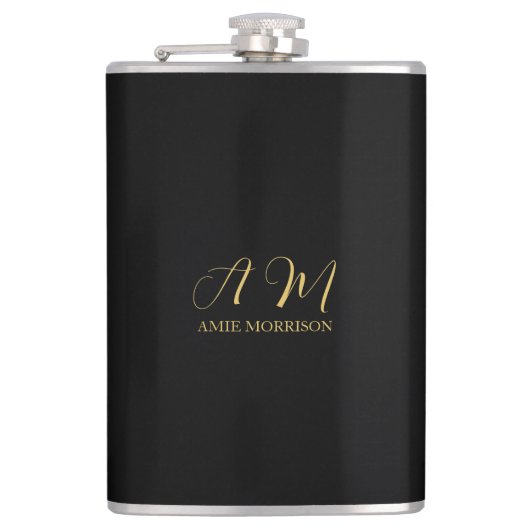 ブラック金ゴールドカラーモノグラムイニシャルレター名 フラスク (正面)