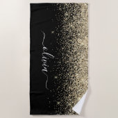 ブラック金ゴールドガーリーグリッターモノグラム名 ビーチタオル (正面)