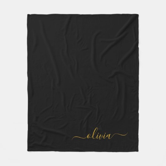 ブラック金ゴールドガーリースクリプトモノグラム名モダン フリースブランケット (正面)