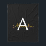 ブラック金ゴールドガーリースクリプトモノグラム名モダン フリースブランケット<br><div class="desc">金ゴールドと黒フェイク文字モノグラム独自の名前フリースブランケットを追加。これは、最高の甘い16歳の誕生日、結婚ブライダルシャワー、記念日、赤ちゃんシャワーまたはバチェロレッテギフトを作る誰かがグラームの豪華さとシックなスタイルを愛する。</div>