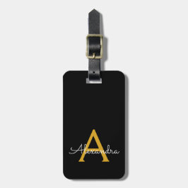 ブラック金ゴールドガーリースクリプトモノグラム名モダン ラゲッジタグ