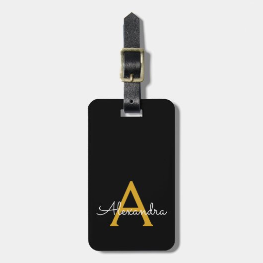 ブラック金ゴールドガーリースクリプトモノグラム名モダン ラゲッジタグ (正面縦)
