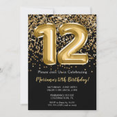 ブラック金ゴールドキッズガール12thバースデーパーティー招待 招待状 (正面)