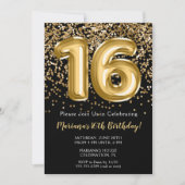 ブラック金ゴールドキッズガール16thバースデーパーティー招待 招待状 (正面)