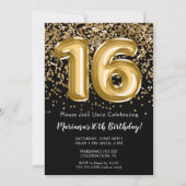 ブラック金ゴールドキッズガール16thバースデーパーティー 招待状 (正面)