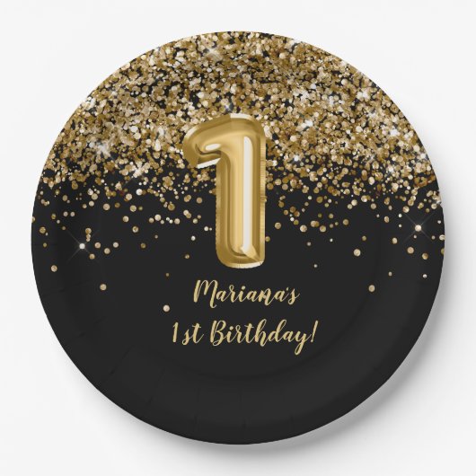 ブラック金ゴールドキッズガール1st誕生日パーティー ペーパープレート (正面)