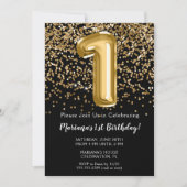 ブラック金ゴールドキッズガール1st誕生日パーティー 招待状 (正面)