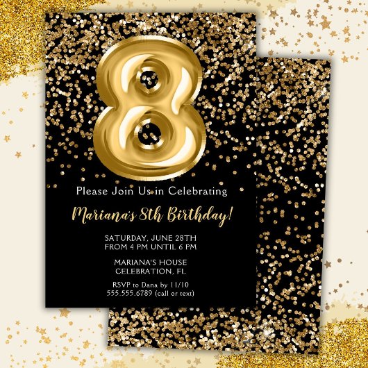 ブラック金ゴールドキッズガール8thバースデーパーティーへの招待 招待状