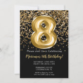 ブラック金ゴールドキッズガール8thバースデーパーティーへの招待 招待状 (正面)