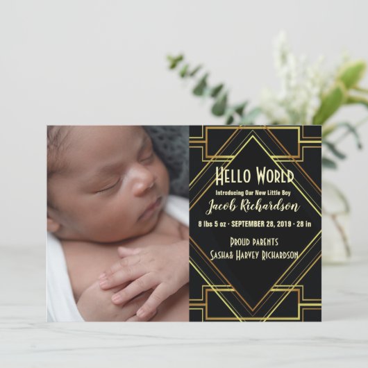 ブラック金ゴールドギャツビー男の赤ちゃん誕生発表 案内状 (スタンド正面)