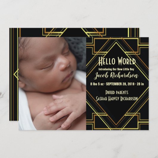 ブラック金ゴールドギャツビー男の赤ちゃん誕生発表 案内状 (正面/裏面)