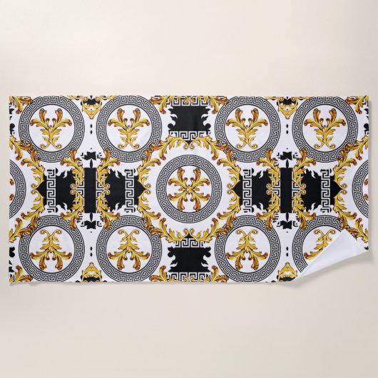ブラック金ゴールドギリシャの装飾 ビーチタオル (正面)