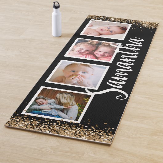 ブラック金ゴールドギルターフォトコラージュ名前をカスタムする ヨガマット (インサイチュ)