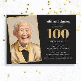 ブラック金ゴールドクカスタムラス写真第100誕生日 招待状