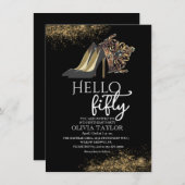 ブラック金ゴールドクラウン50誕生日 招待状 (正面/裏面)