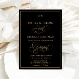 ブラック金ゴールドクラシックモノグラム結婚ズ 招待状