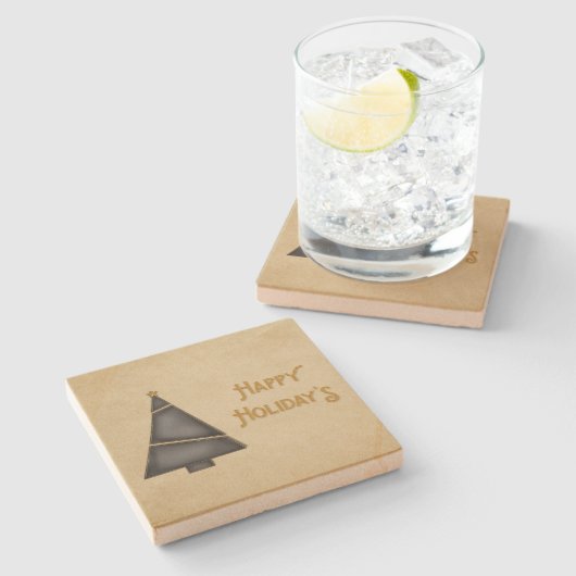 ブラック金ゴールドクリスマスツリーハッピーホリデイズ ストーンコースター (横)