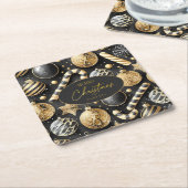 ブラック金ゴールドクリスマスパターン#12 ID1009 スクエアペーパーコースター (アングル)