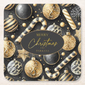 ブラック金ゴールドクリスマスパターン#12 ID1009 スクエアペーパーコースター (正面)