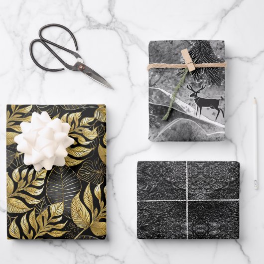 ブラック金ゴールドクリスマスパターン#13#29#33 ID1009 ラッピングペーパーシート (正面)