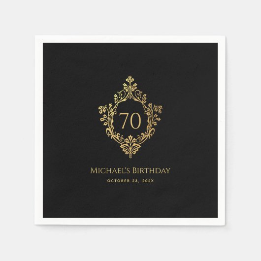ブラック金ゴールドクレストエレガントヴィンテージマン70th誕生日 スタンダードカクテルナプキン (正面)