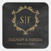 ブラック金ゴールドクレストモノグラム結婚式の引き出物 スクエアシール (正面)