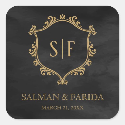 ブラック金ゴールドクレストモノグラム結婚式の引き出物 スクエアシール (正面)