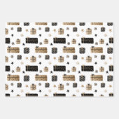 ブラック金ゴールドグラムギフト木パターンクリスマス ラッピングペーパーシート (正面3)