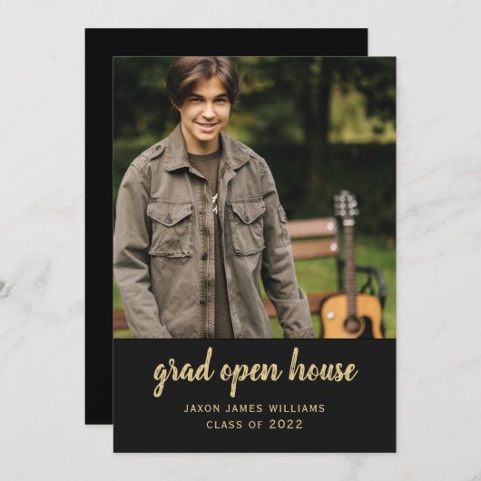 ブラック金ゴールドグラードオープンハウス卒業招待状 招待状 (正面/裏面)