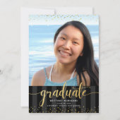 ブラック金ゴールドグリッターの卒業写真のモダンスクリプト 招待状 (正面)
