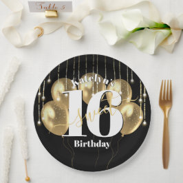 ブラック金ゴールドグリッターはっきりしたスウィート16誕生日バルーン ペーパープレート