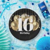 ブラック金ゴールドグリッターはっきりしたスウィート16誕生日バルーン ペーパープレート (パーティー)