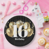 ブラック金ゴールドグリッターはっきりしたスウィート16誕生日バルーン ペーパープレート (パーティー)